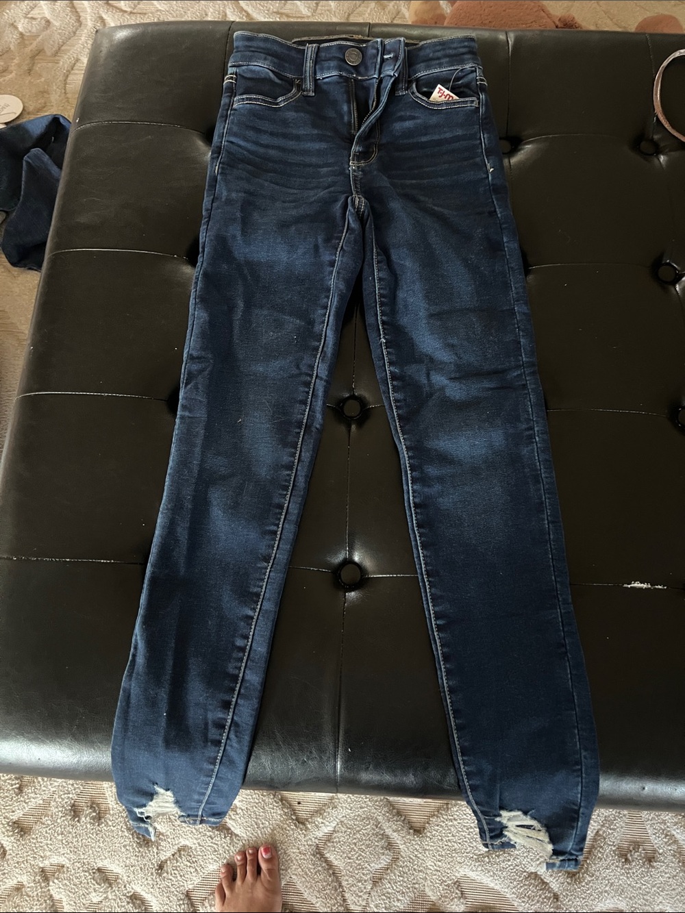 American Eagle Outfitters Dark Blue Skinny Jeans with Distressed Ankles